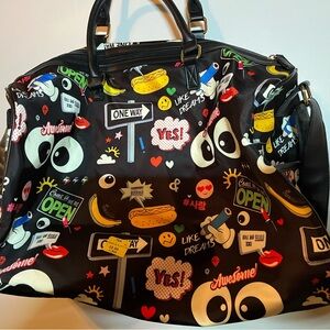 Graphic Print Black Duffel Bag with Playful Icons